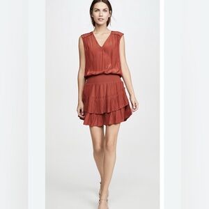 Ramy Brook Kiara Ruffle Mini Dress Brick Red M Sleeveless Smocked Waist Tiered